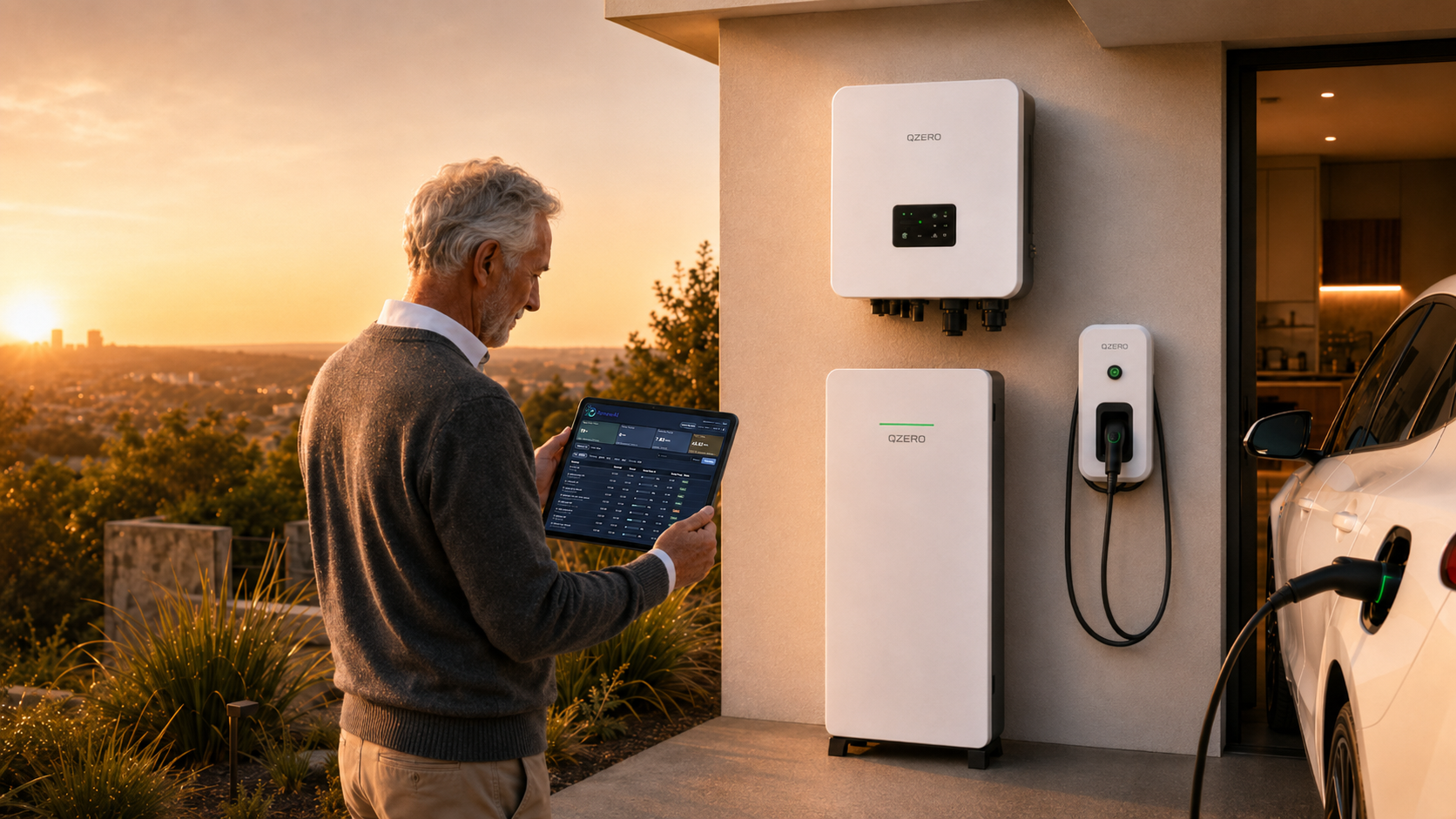 QZERO home energy solution showing inverter, battery, EV charging and cloud intelligence