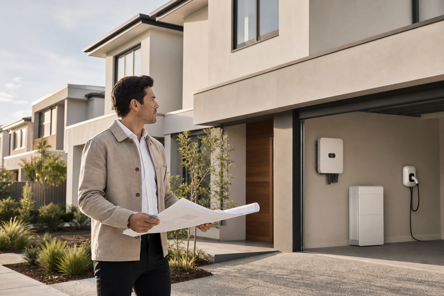 Builder partner reviewing energy infrastructure for a new Australian home