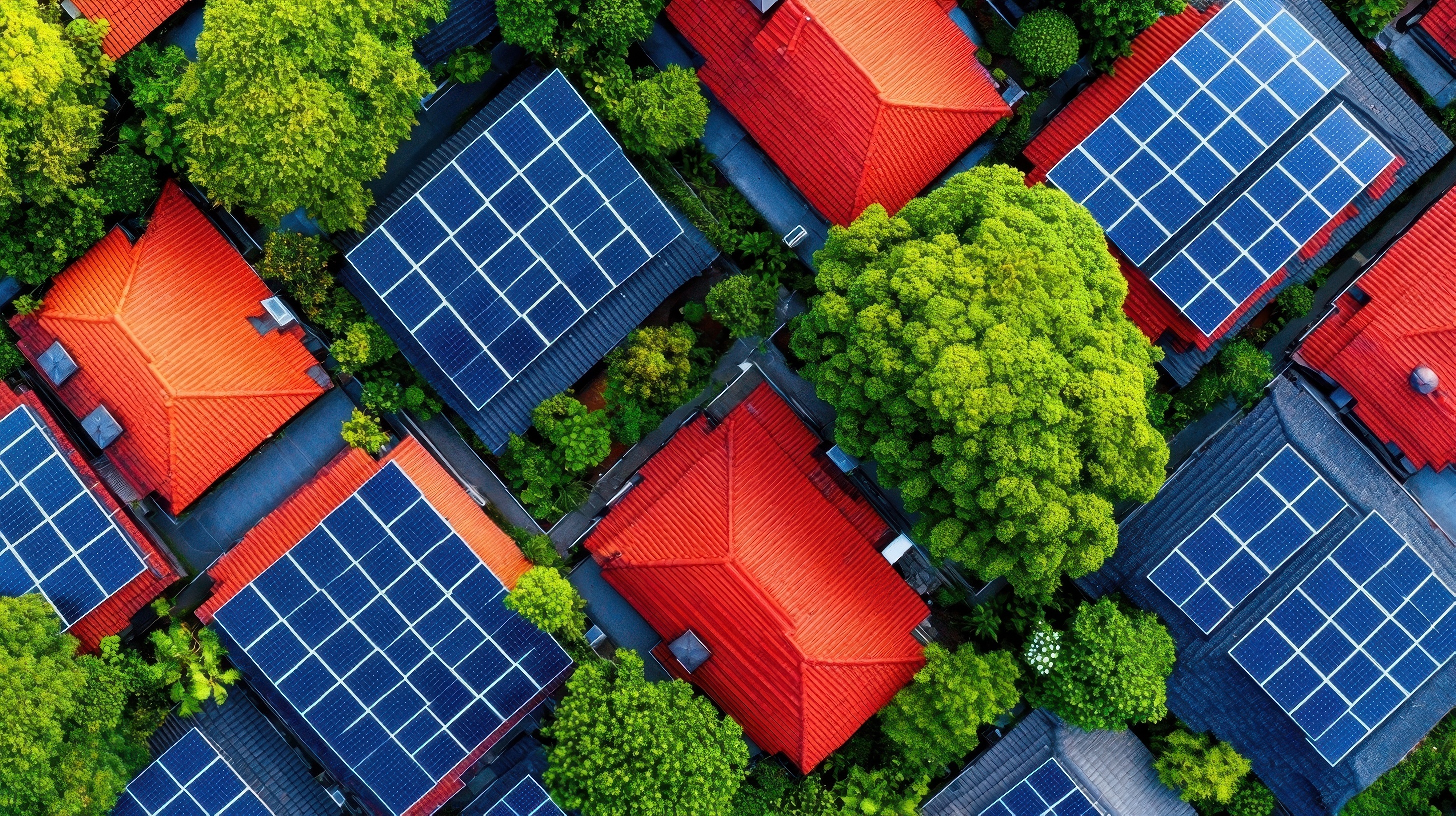 Residential neighbourhood rooftops with solar panels